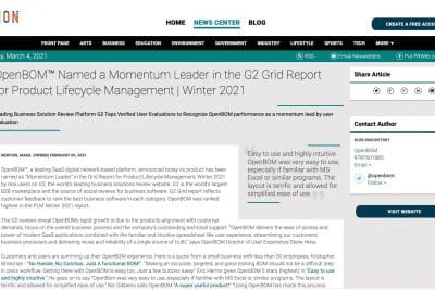 OpenBOM™ Named a Momentum Leader in the G2 Grid Report for Product Lifecycle Management | Winter 2021