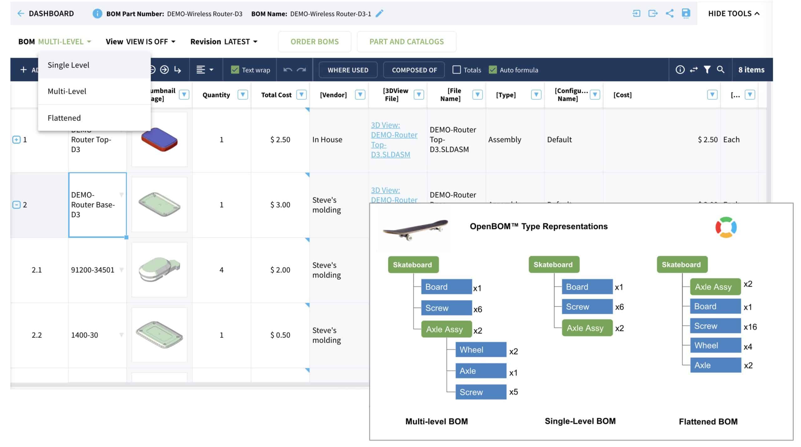 OpenBOM 101: BOM Types – Multi-Level, Single-Level, Flattened