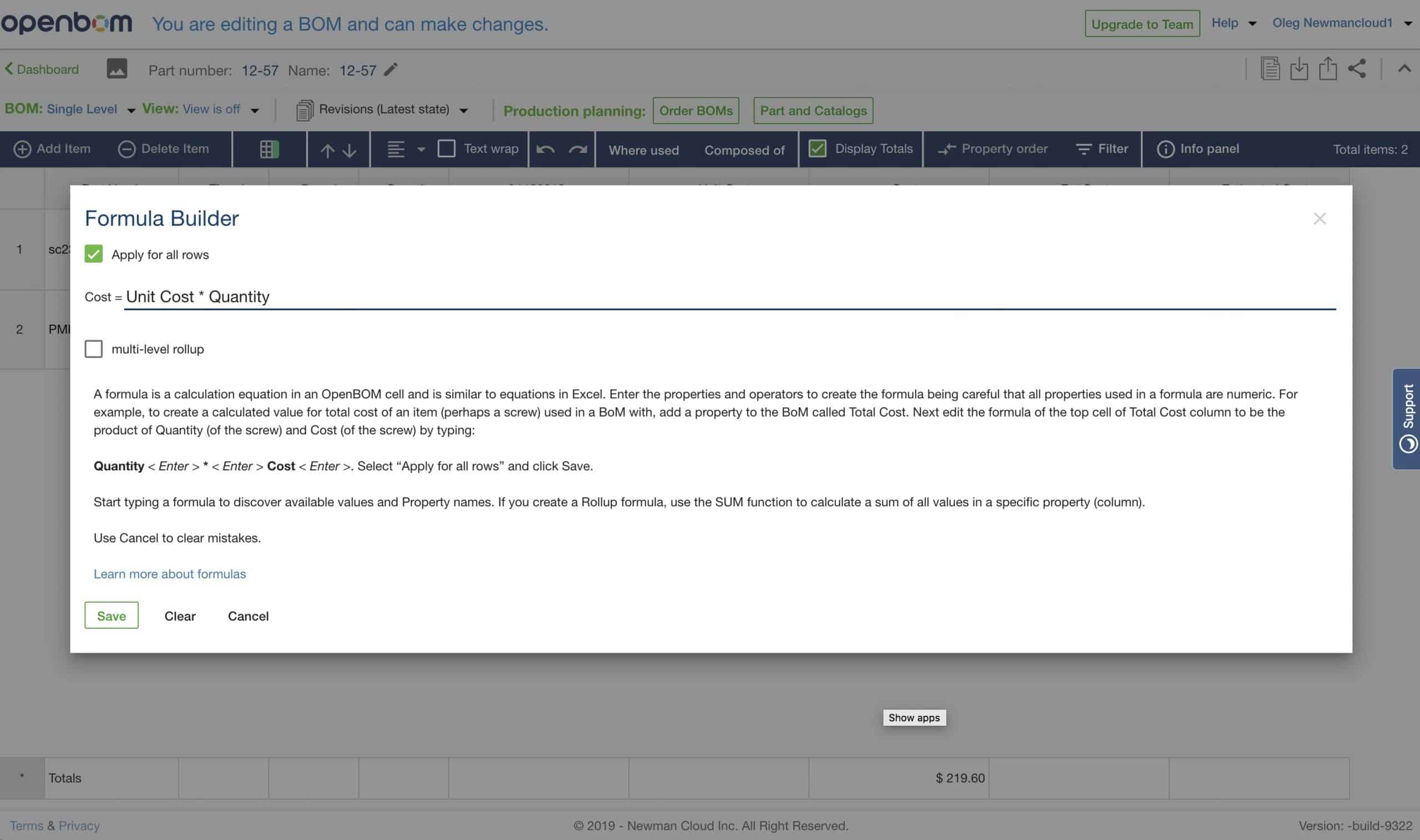 Heads up – OpenBOM new formula editor