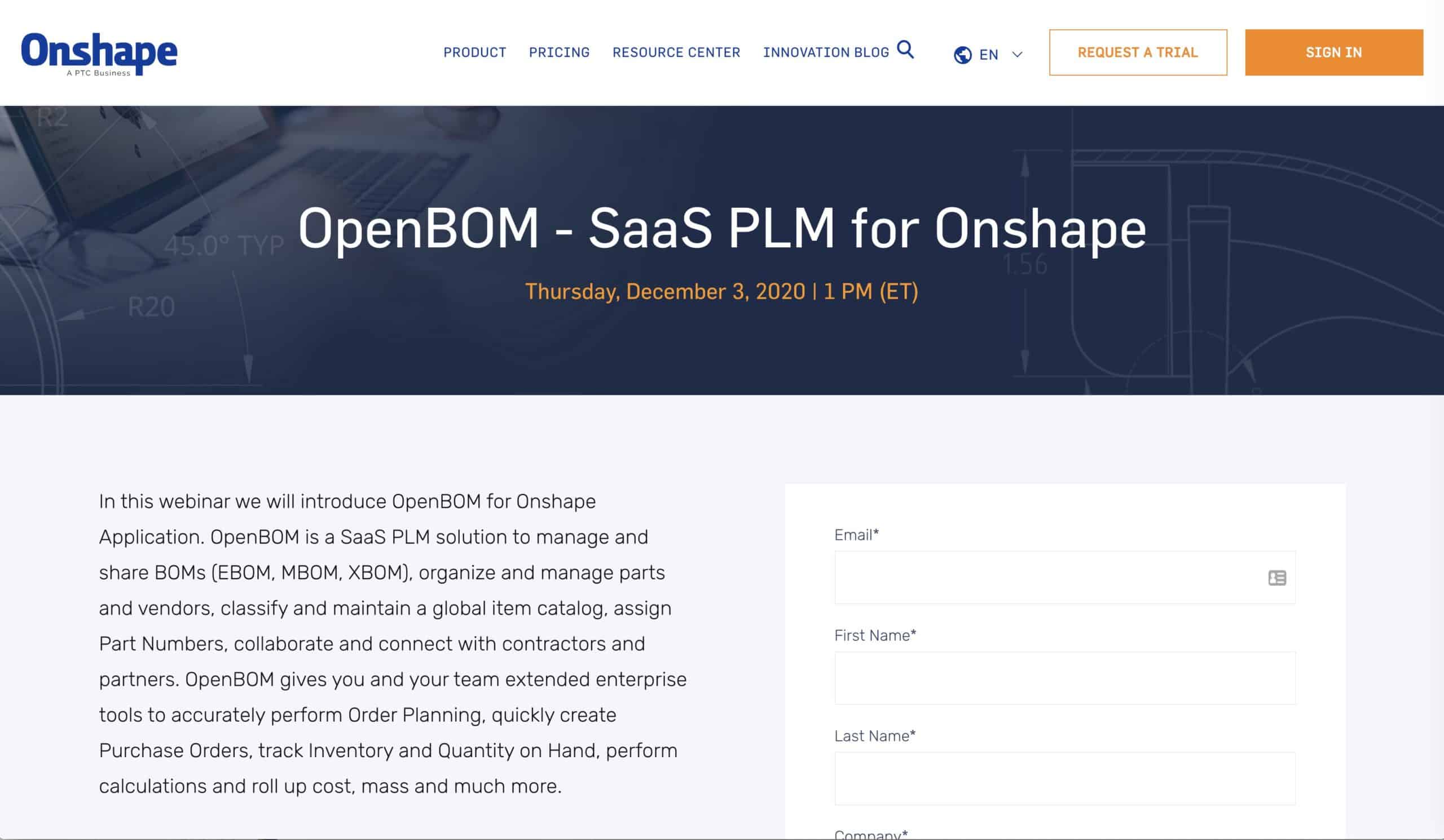 WEBINAR REGISTRATION: OpenBOM SaaS PLM for Onshape