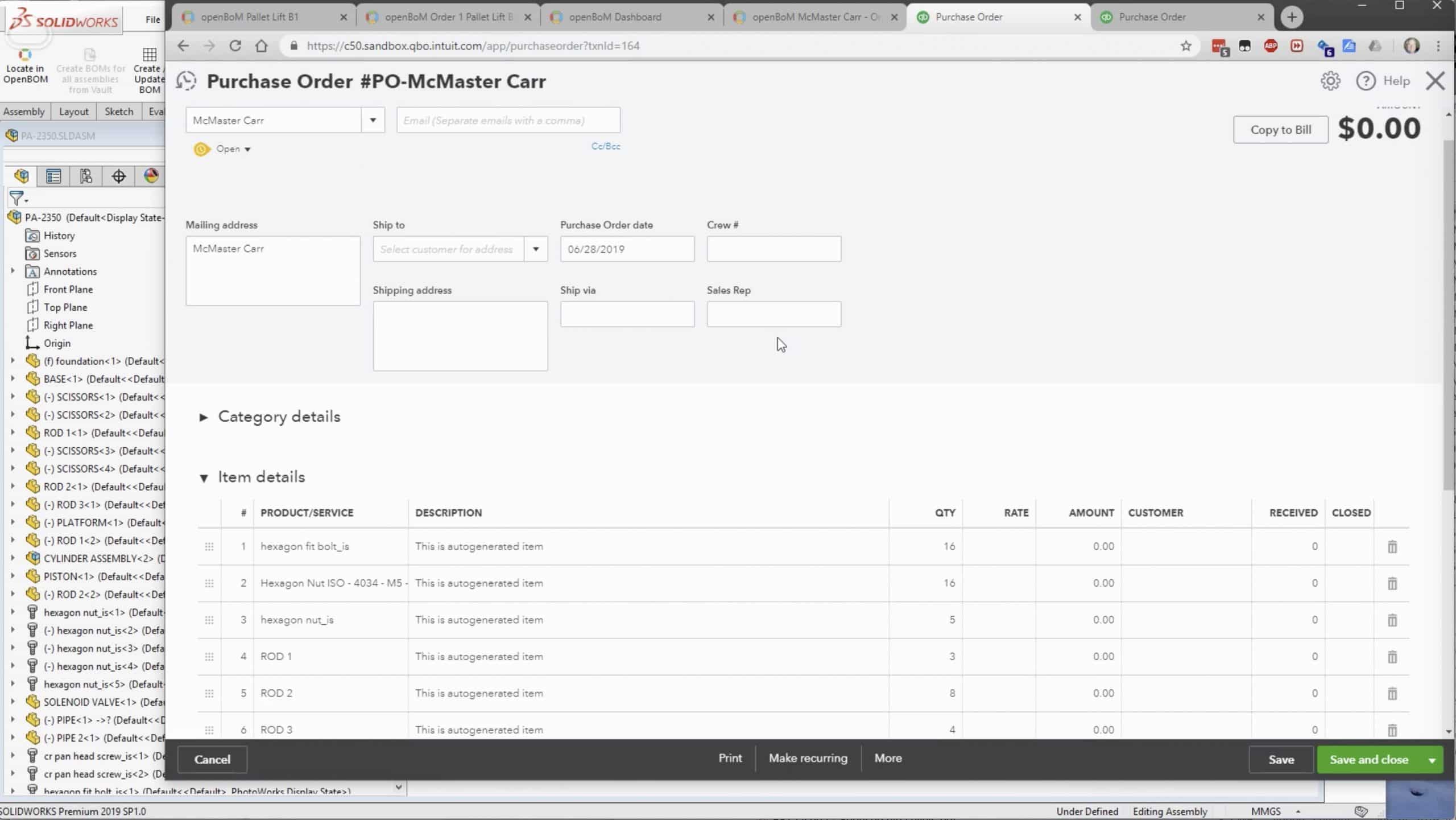 First step-by-step video of Solidworks-OpenBOM-Quickbooks Online workflow