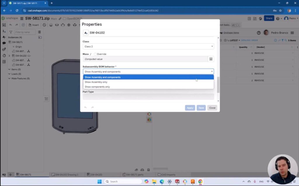 EBOM Purchased and phantoms - Onshape