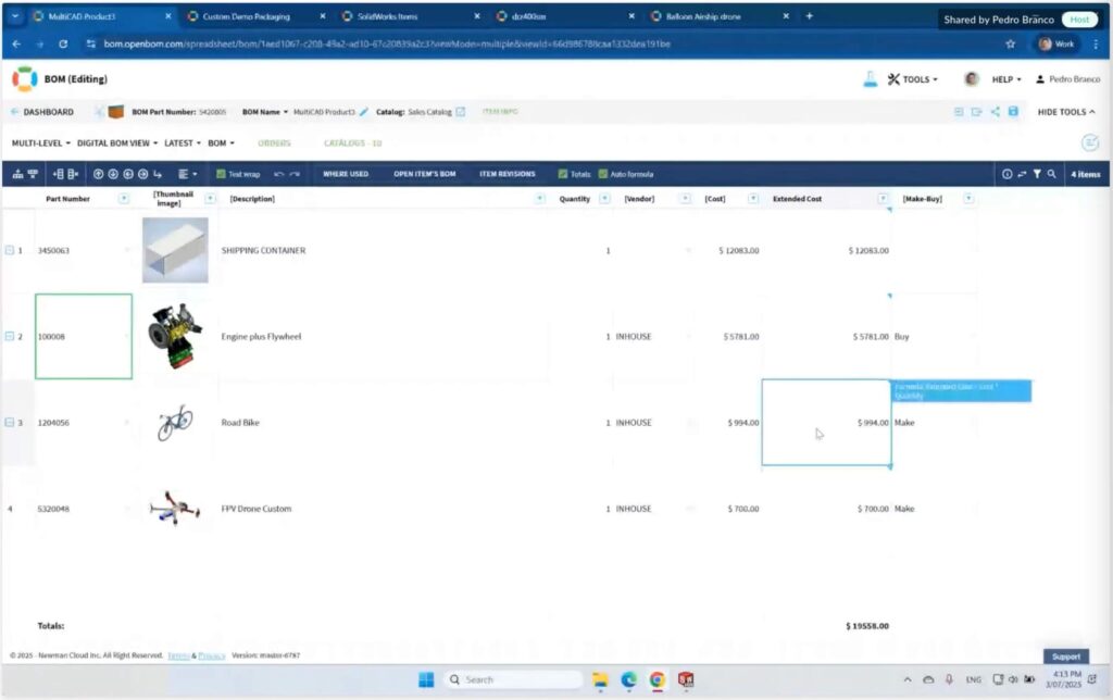 Digital BOM with calculations and formulas
