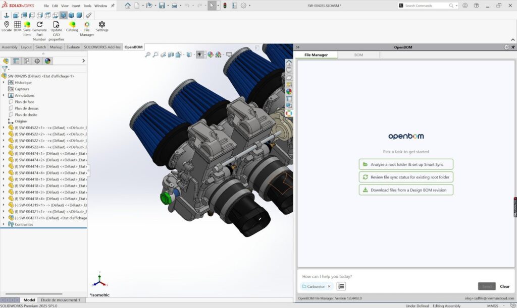 Selecting the working folder as the scope of work. The Carburetor folder becomes a managed engineering workspace. The agent uses this folder as the boundary for analysis, synchronization, file status, and all subsequent commands.