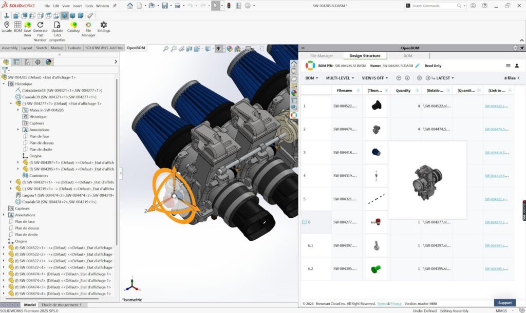 The Design Structure Browser inside SOLIDWORKS. The captured BOM structure appears as a table showing part numbers, thumbnails, quantities, relative file paths, and links — directly alongside the 3D model. Engineers can navigate the product structure without leaving CAD.