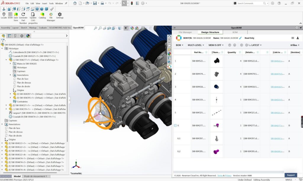 Design Structure view with mixed revision values after dependent up-rev. The Revision column shows the result: most files remain at Rev A, while the changed part (SW-004395) and its parent subassembly (SW-004277) have advanced to Rev B. This makes it immediately clear which parts of the design changed.