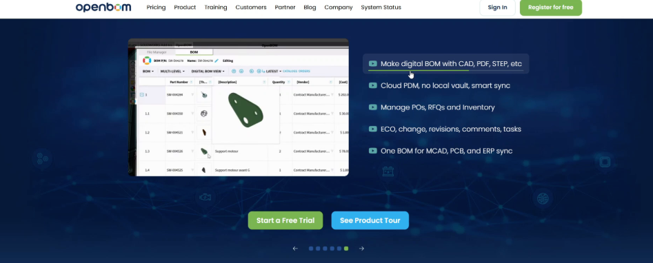 The openbom.com home page with Start a Free Trial.