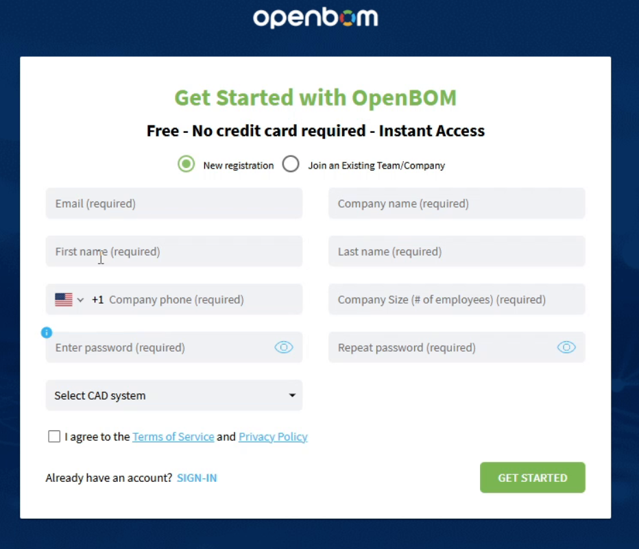 The Get Started with OpenBOM sign-up form.