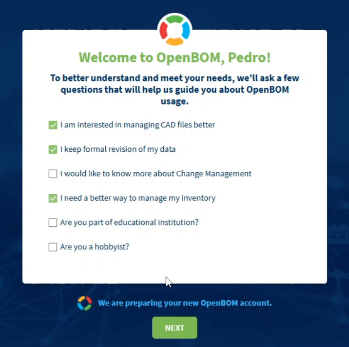 Welcome questions, with three options ticked.