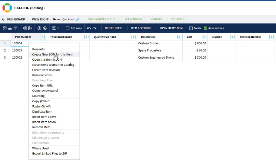 Right-click an item, then Create New BOM for this item.