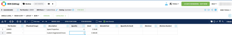 The Custom Drone BOM with two items and their quantities.